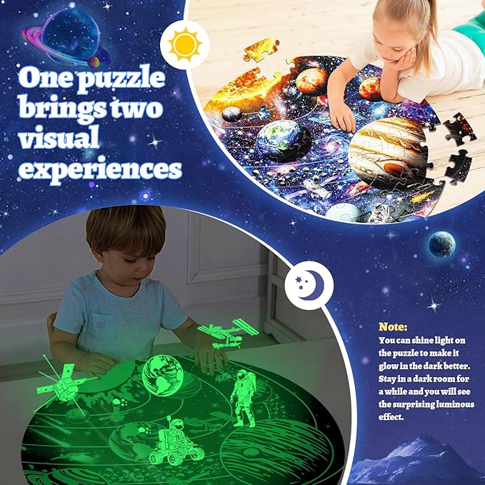Glow in The Dark Solar System Jigsaw Puzzles for Kids Ages 4-8, 70 Pieces Kids Space Planet Floor Puzzle Toys Ages 8-10, Large Round Educational Puzzle Toys Gifts for Boys Girls Children
