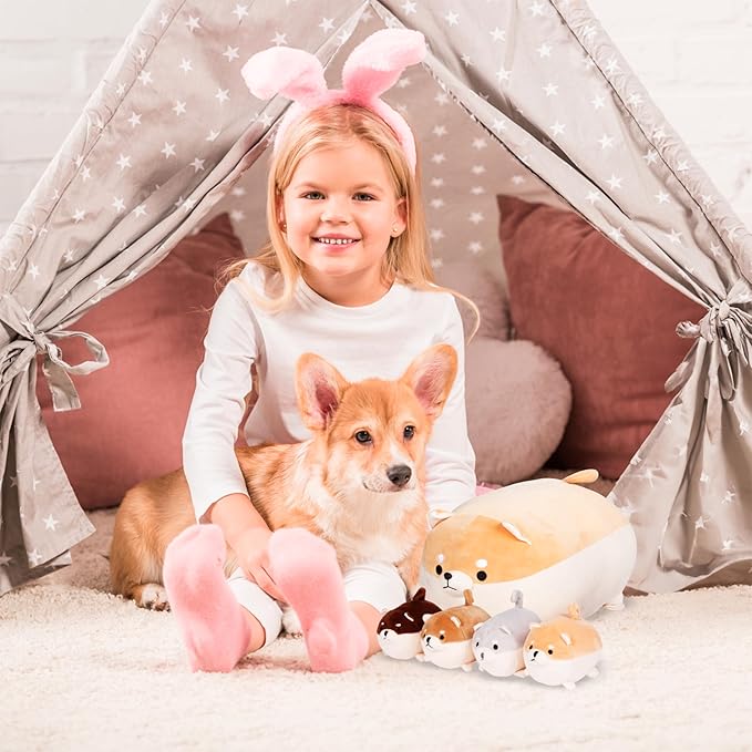PixieCrush Stuffed Dog Toy - Cute Plushies Shiba Inu Mommy with 4 Puppies - Adorable Plush Pillow for Imaginative Play - Puppy Surprise Soft Animal Toy Set for Girls - Stuffed Animals for Ages 3-8