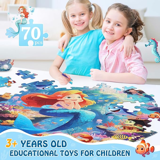 Floor Puzzles for Kids Ages 3-5, 70 Pieces Mermaid Jigsaw Puzzle for Toddler Girls Ages 3 4 5 6 7 8 Year Old, Large Round Underwater Princess Puzzle Educational Learning Toys Birthday Gift