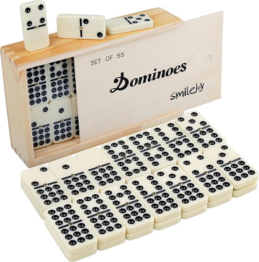 Smilejoy Dominoes Set for Adults, Double Nine Domino Set for Classic Board Games, Dominoes Double 9 for Family Games with Natural Wooden case with Spinner 55pcs