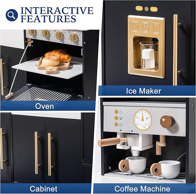 ROBOTIME Wooden Play Kitchen for Toddlers and Kids, Toy Kitchen Set with Ice Maker and Coffee Machine, Realistic Toddler Kitchen Set, Gift for Girls Boys Ages 3+