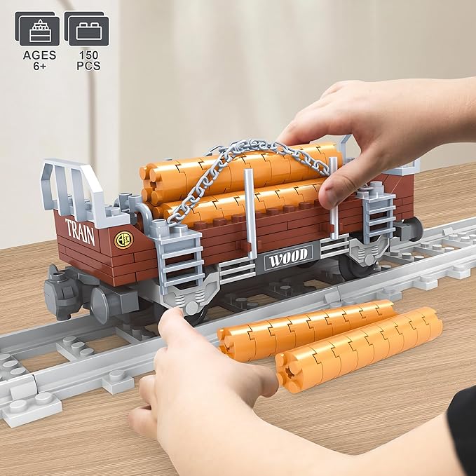 Finger Rock City Freight Train Car Building Toy Set, Classic Wooden Carriage Cargo Model, 150 Pcs MOC Construction Toys for Train Lovers, STEM Gifts for Boys & Girls 6-8+