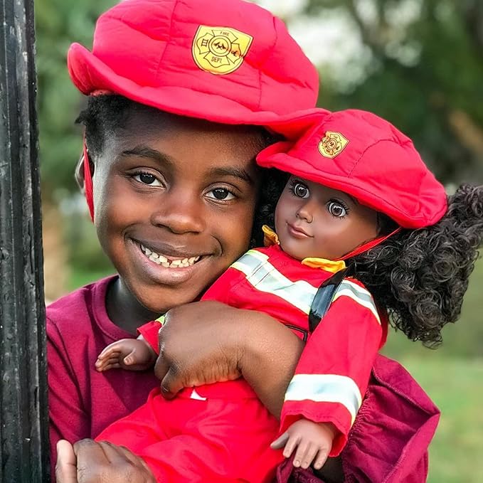 Playtime by Eimmie 18 Inch Doll Clothes - Firefighter Outfit, Matching Hat & Pet Dog Accessories Set - Outfits Fit American, Generation & Similar 18” Girls Dolls - Clothing Sets & Stuff for My Doll