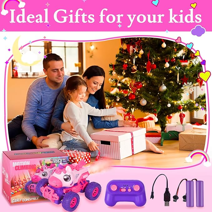 Unicorn Remote Control Cars for Kids, Remote Control Monster Truck Unicorn Toy, RC Monster Truck Unicorn Car with Spray LED Light, Unicorns Gift Toy for Girls Boys 8-12 Kids