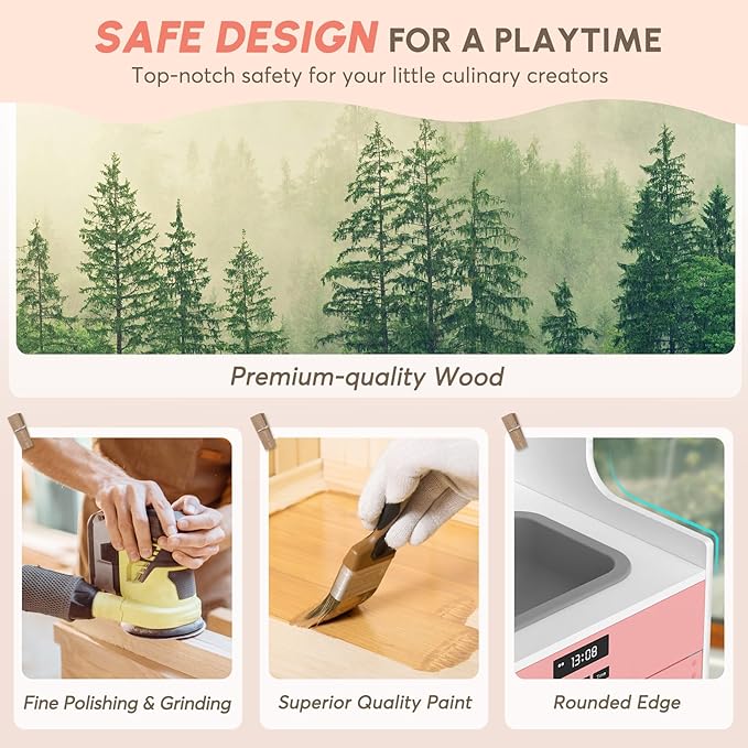 BIERUM Play Kitchen with Realistic Lights & Sounds, Wooden Kitchen Playset with 28 Pcs Toy Food & Cookware Accessories, Toy Kitchen with Plenty of Play Features, Idea Gift for Boys and Girls Ages 3+