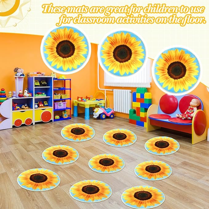 8 Pcs Classroom Carpet Kids Rug 15 x 15 Inch Back to School Supplies Round Non Slip Mat for Nursery Kindergarten Playroom Bedroom(Sunflower)