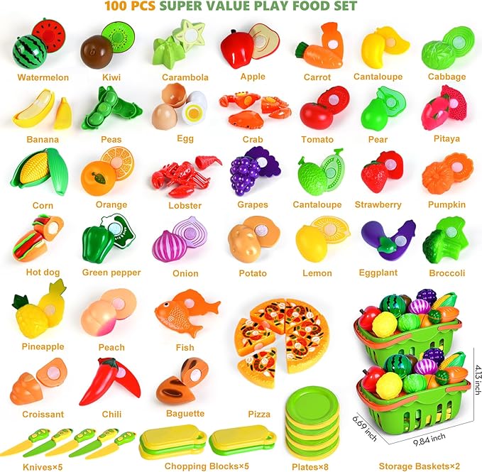 100 PCS Cutting Play Food Toy for Kids Kitchen, Pretend Food Kitchen Toys Accessories with 2 Baskets, Fake Food/Fruit/Vegetable, Christmas Birthday Gifts for 2 3 4 5 Years Old Toddlers Boys Girls
