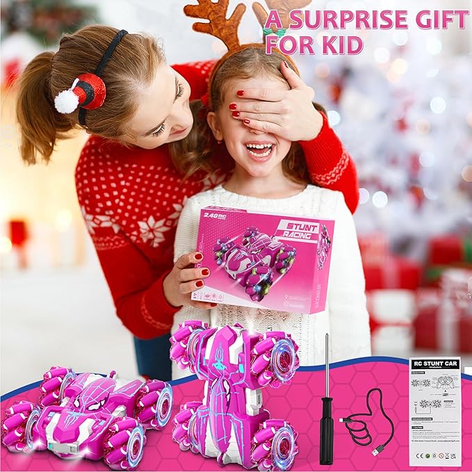 Remote Control Car for Girls, Rechargeable RC Cars Toys with Cool Lights, 2.4Ghz Double Sided Drift RC Stunt Cars, 360°Rotating 4WD Off-Road Race Car for 4-6 6-12 Girl Kids Gifts