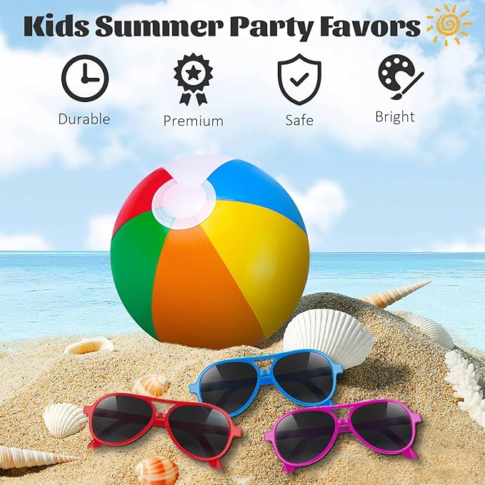 Aodaer 30 Pieces Kids Neon Sunglasses Bulk and 30 Pieces Inflatable Beach Balls 8-12 Inches for Beach Pool Party Favors Rainbow Inflatable Swimming Pool Balls for Water Games Toys Summer Supplies