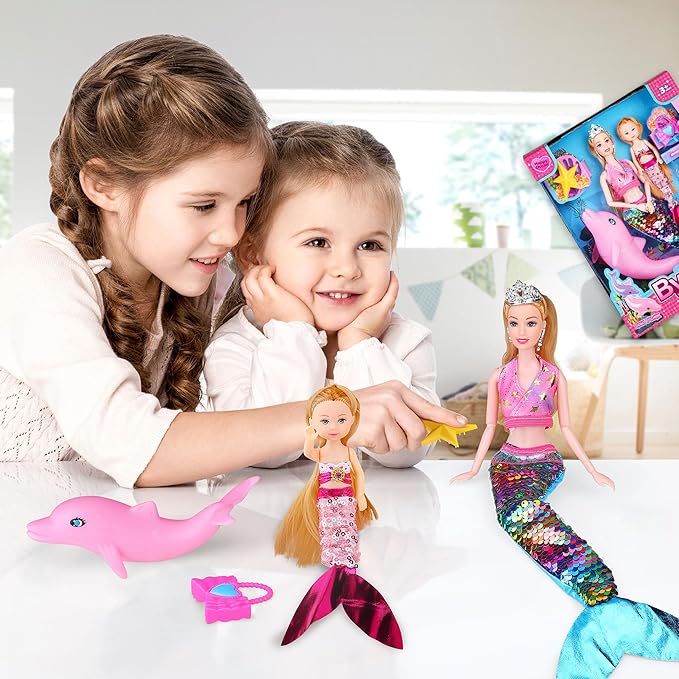 Magical Mermaid Dolls Set for Girls 4-7 - Princess Twin Dolls with Color-Changing Purple Dolphin, Summer Outfits & Sparkling Accessories (Crown, Flip Scales, Starfish Comb) Water Play Birthday Gift