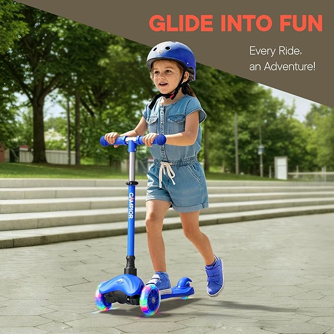 Blue Mini 3 Wheel Scooter for Kids – Lean-to-Steer with LED Light-Up Wheels, Adjustable Handlebar, Wide Anti-Slip Deck, Smooth PU Wheels, Rear Foot Brake – Toddler Scooter for Ages 2+