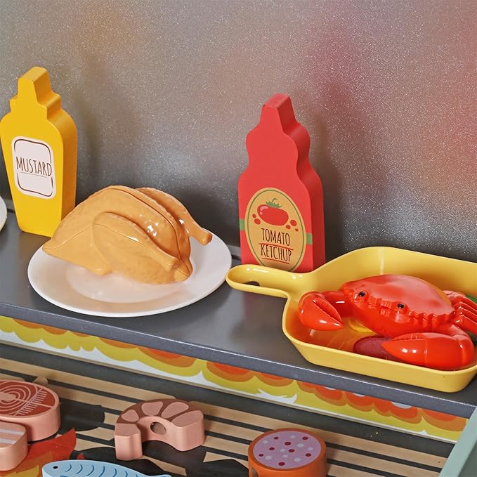 Wooden Play Barbecue Toy Grill, Kids BBQ Playset with Toy Food and Grilling Tools, Cooking Interactive Toys Christmas Birthday Gift for Toddlers Girls Boys 3-6