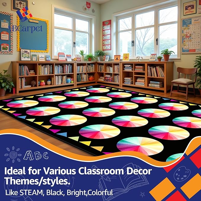 Classroom Rug Carpet for Elementary School Daycare Nursery Rug Non Slip Soft Washable Seating Rug Seats Teacher Rug Colorful Foldable Rolling Packing (6.5 x 9.8ft, B014-ColorCard-Economy)