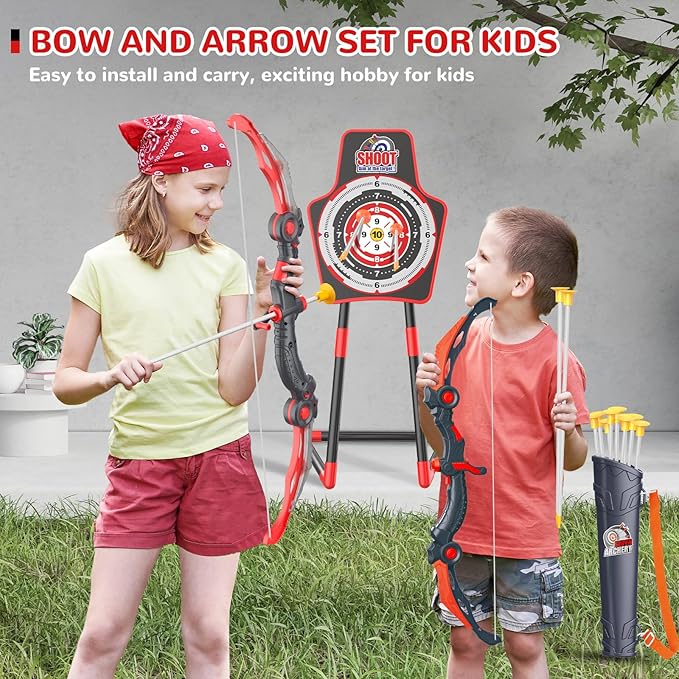 GMAOPHY Bow and Arrow for 5 6 7 8 9 10 11+ Year Old Boys, Birthday Gift for Kids, Indoor Outdoor Activity Toys, 2 Pack LED Light Up Archery Toy with 20 Suction Cup Arrows, Standing Target, 2 Quiver