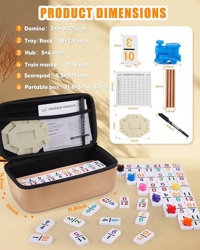 KAILE Mexican Train Dominoes Set with Numbers, Double 12 Dominoes Set with 4 Wooden Trays/Racks, 91 Tiles Colored Dominoes Train Games for Family Night, Travel, Party