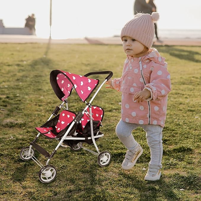 My First Doll Twin Stroller - Cutest Heart Design Doll Twins Stroller - Great Toy Gift for Girls