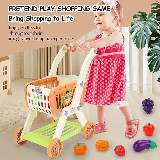 Kids Shopping Cart with Cutting Play Food Set for Kids Kitchen, 2 in 1 Shopping Cart for Kids Grocery Store Pretend Play Kitchen Accessories Sorting Food Bucket Learning Toys Gift for Toddler 3-5