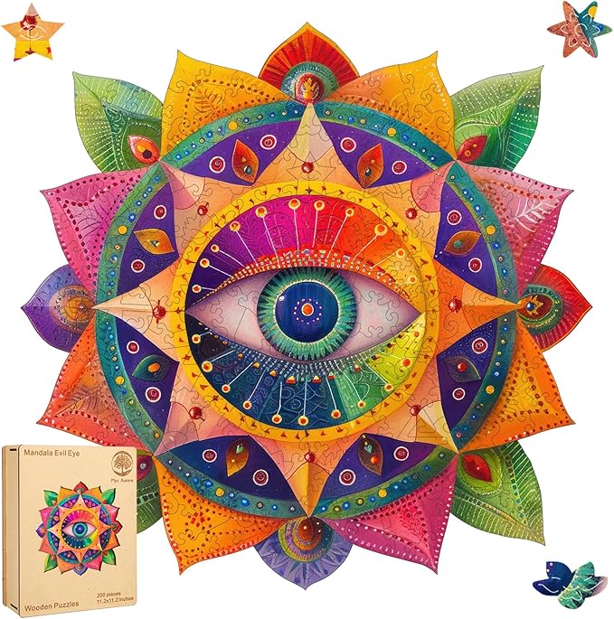 Mandala Wooden Puzzles for Adults, 200 Piece Unique Shaped Wood Evil Eye Jigsaw Puzzles for Adults and Kids, Fun Challenging Puzzles Family Game Gift, Medium 11.2'' x 10.8'