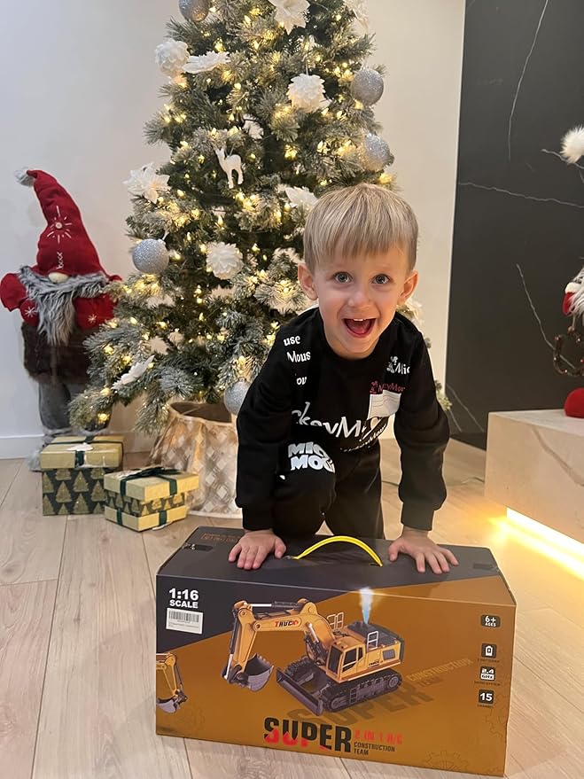 21" Large Remote Control Excavator Toy with Metal Bucket & Dozer Blade, 15-Channel RC Excavator Toys for Boys 6+ Kids Adults Construction Vehicles Christmas Birthday Gift, 120+Mins/Spray/Sound/Light