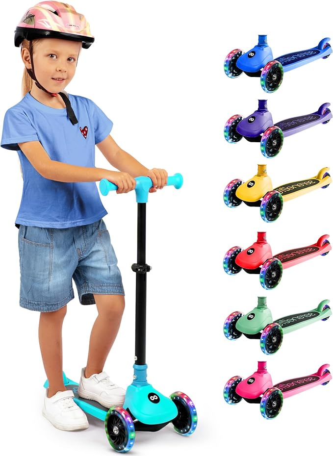 SereneLife 3 Wheel Foldable Kids Scooter - Foldable Seat, LED Wheel Lights, Adjustable Handlebar, Rear Foot Brake, Lean-to-Steer, Anti-Slip Deck, Ideal for Toddlers Kids 3+, up to 110Lbs