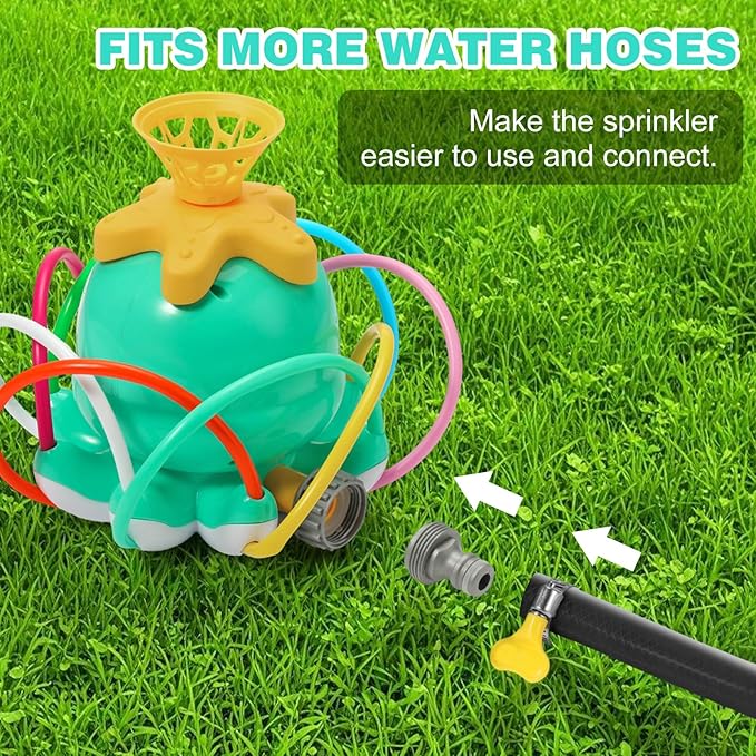 HeySplash Water Sprinkler Baseball Toy, 2 in 1 Water Spray Sprinkler Ball Set with 1 Detachable Sprinkler Head & 8 Wiggle Tubes, Outdoor Summer Toys Outside Toys for Toddlers and Kids, Green Octopus