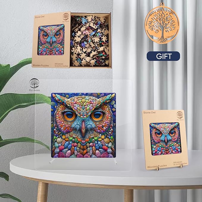 Wooden Jigsaw Puzzle for Adults and Kids Unique Shape Wood Colorful Beautiful Box Fun Challenge Brain Health Family Game Creative Gift for Friends Rompecabezas Madera(Stone Owl 200pcs)