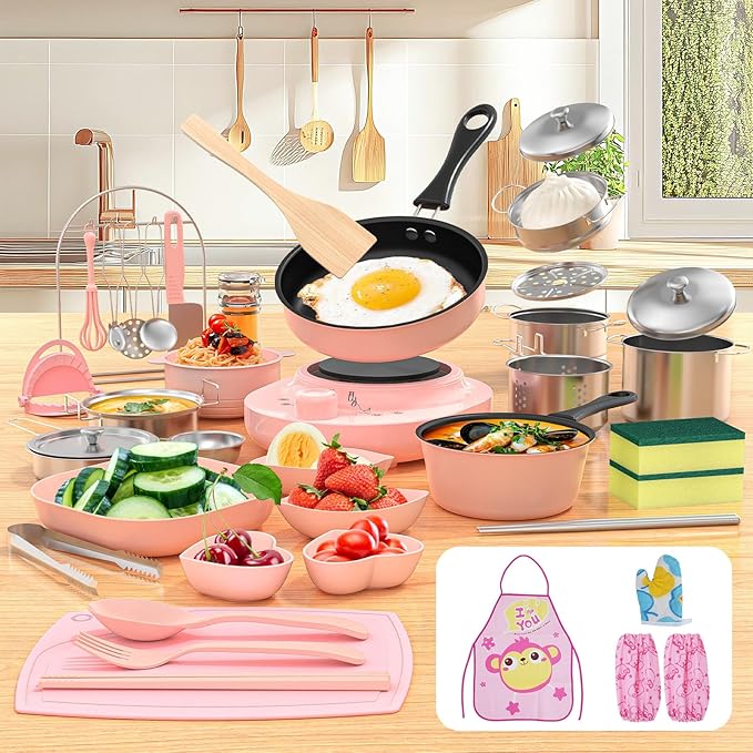 Kid Cooking Sets Real Mini Kitchen, Food Making for Beginner Children 8 9 10 11 12 Boys Girls Cooking Educational Toys, Junior Easy Safe MontessoriTools Dishes Knife Set-Pink
