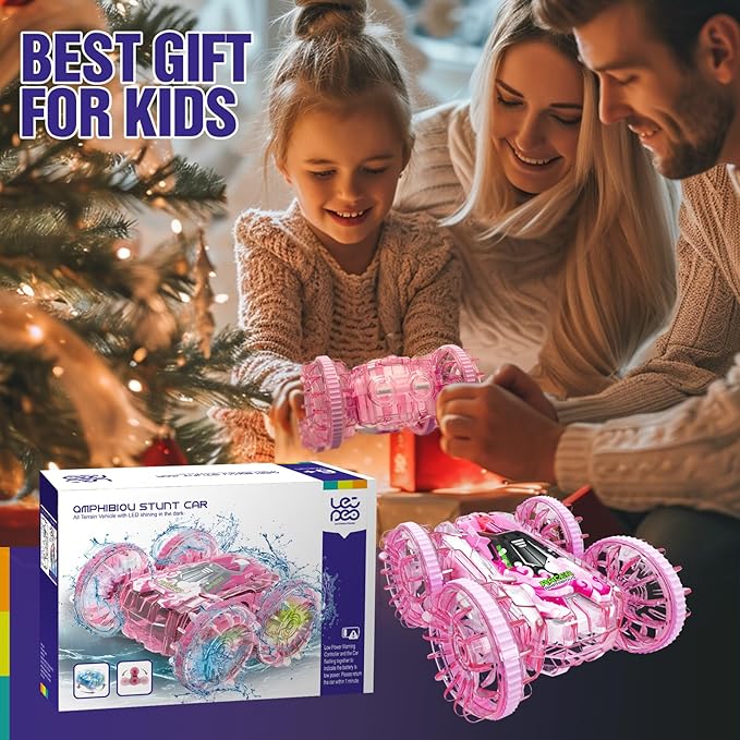 Amphibious Remote Control Car, 4WD Waterproof RC Cars Remote Control Boat Pool Toys for Girls 8-10, Gesture Sensing RC Stunt Car Lake Water Toy for Kids Ages 3 4 5 6 7 8-12 Birthday Gifts, Pink