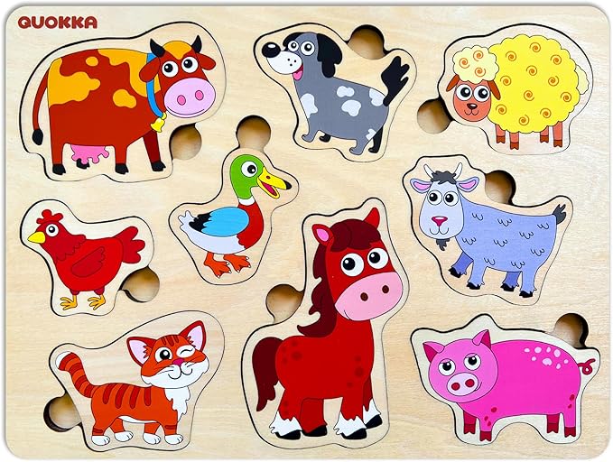 QUOKKA Farm Animals Wooden Puzzles for Toddlers 3-5 - Toddler Puzzles 1-3 Years Old - Gift Domestic Animals Educational Toys for Boys & Girls - Wood Games for Children's Learning 2-4