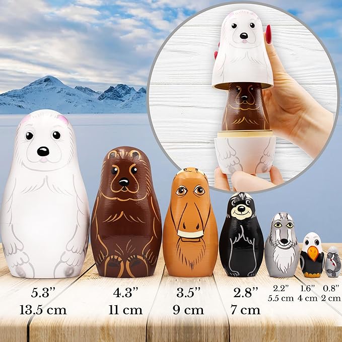 Wooden Animal Nesting Dolls Set of 7 pcs - Matryoshka Polar Animals Figurines - North American Animals Alaska Souvenirs
