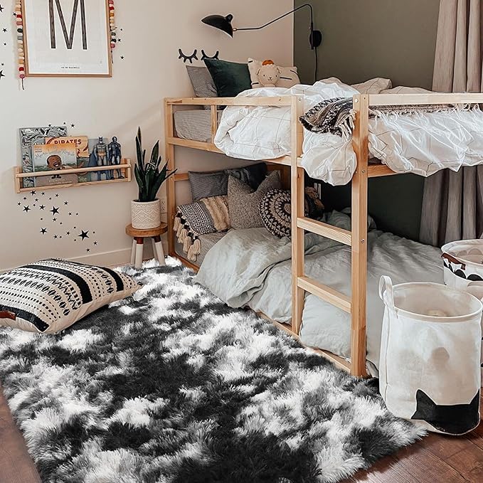 Amdrebio Black White Grey Cool Area Rugs for Bedroom Living Room, Fluffy Modern Furry Rugs for Kids Room Decor, Plush Shaggy Throw Rug 4x6 for Men Teen Boy, Aesthetic Floor Carpet for Dorm Home Office