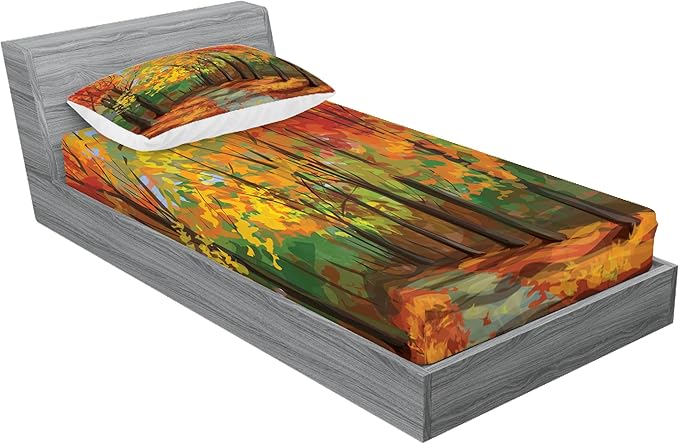 Ambesonne Rustic Fitted Sheet & Pillow Sham Set, North Woods Falling Leaves Fall Park Road Autumn Leaves Seasonal Colors Romantic, Decorative Printed 2 Piece Bedding Decor Set, Twin, Orange and Green