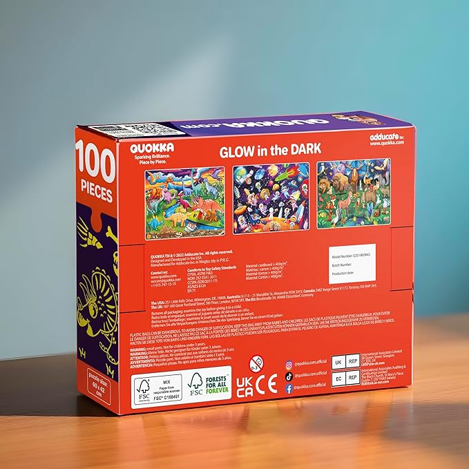 QUOKKA 3x100 Piece Puzzles for Kids Ages 6-8 – Glow-in-The-Dark Puzzles for Kids 8-10 | Space, Dinosaurs, Animals | Fun Educational Puzzle for Boys & Girls – Learning Games & Space Toys Gift for Kid