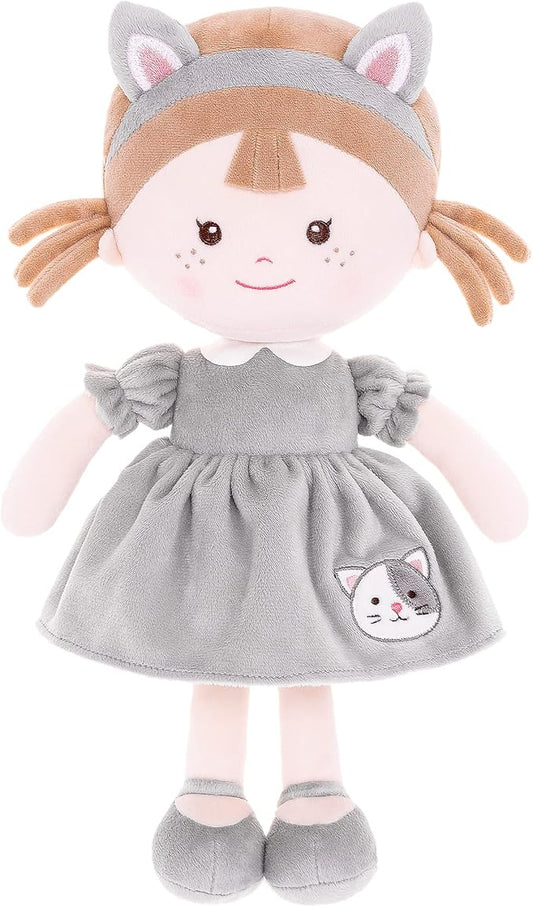 Onetoo First Baby Doll Soft Baby Gifts for Girls Plush Rag Doll Wear Kitty Costume Gray Dress 14"