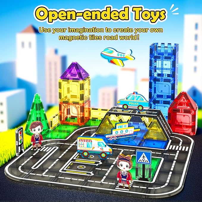Magnetic Tiles City Road Set with Magnet Car, Magnetic Blocks Building Toys for Kids, STEM Construction Toys for Toddlers, Gifts for 3+ Year Old Boys & Girls