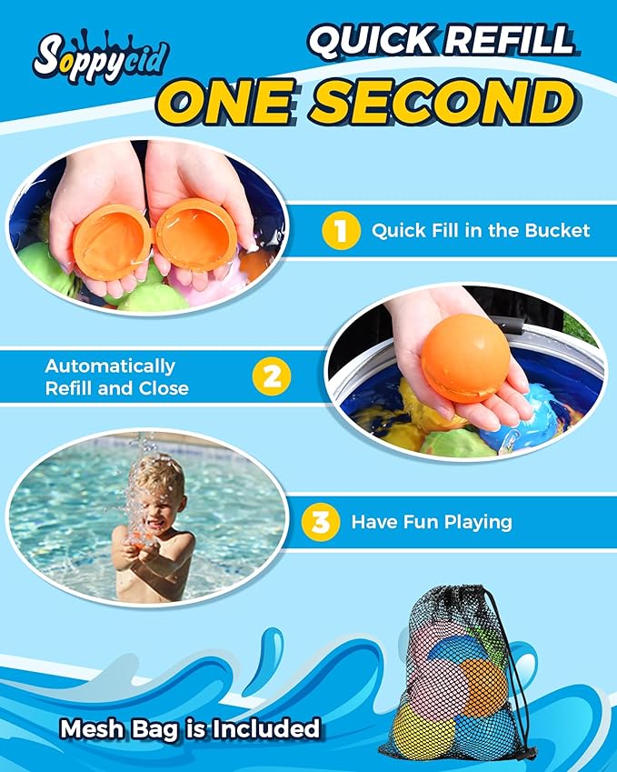 SOPPYCID 15PCS Reusable Water Balloons Quick Fill, Pool Bath Toys for Kids, Summer Water Toy for Boys Girls, Water Bomb Balls Family Water Ballon Fights for Summer Party, Pool Party, Camping Trip