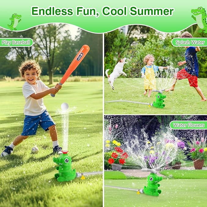 MoKo Water Sprinkler Baseball Toy for Kids Outdoor Play, 2 in 1 Baseball Water Games, 360° Rotatable Yard Sprayer Sprinkler, Toddler Outdoor Toys for Backyard Garden Lawn Pool, Green Crocodile