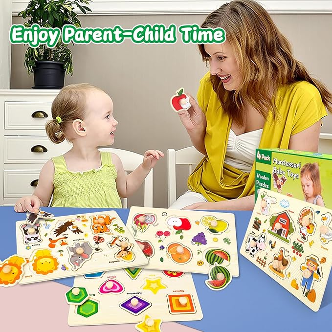 Wooden Puzzles for Toddlers, 4 Pack Montessori Toys Preschool Learning Puzzles for Baby, Farm, Shapes, Animals, Fruits Wooden Peg Puzzles for Boys and Girls (4 Pack)