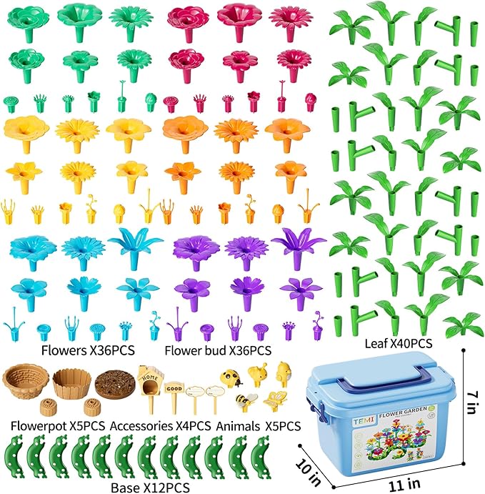 TEMI 138 PCS Flower Garden Building Toys for Girls Toys, Educational STEM Toy and Preschool Garden Play Set for Toddlers 3 4 5 6 7 8 Year Old Kids Boys Girls, Flower Stacking Toys for Kids Age 3-6