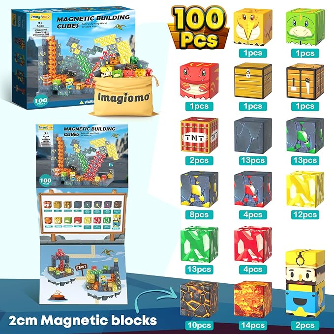 100PCS Dinosaur Toys Magnetic Blocks - Build Mine Magnet World Dinosaur Mine Adventure Set, Creative Jurassic Kids Games for 3-5 5-7 8-12 Boys, Sensory STEM Outdoor Toys for Boys&Girls Birthday Gifts