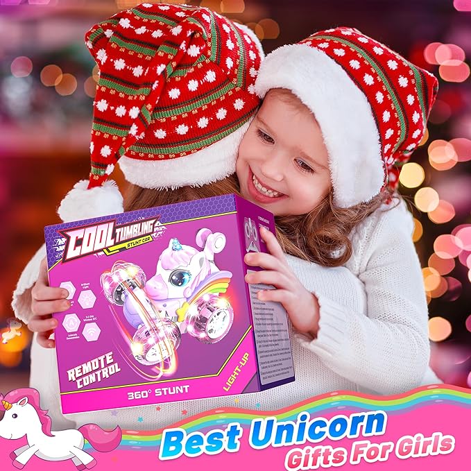 Carsky Remote Control Car RC Stunt Cars for Girl 360°Stunt Rotation 4WD Remote Cars for Kids 3-6 Double Sided RC Car with LED Lights,2.4GHz Electric Toy Car,Birthday Gift for 3 4 5 6 Year Old Girl