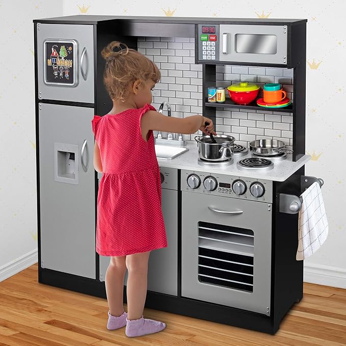 Lil' Jumbl Kids Kitchen Set, Pretend Wooden Play Kitchen, Battery Operated Icemaker & Microwave with Realistic Sound, Pots & Pan Included - Charcoal
