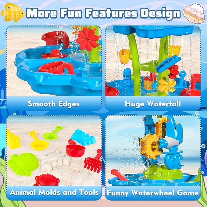 deAO Sand and Water Table Beach Toys Outdoor Activities Play Table for Kids Sand Pit Water Table Children Garden Toy Beach Play Activity Set Indoor Outdoor Summer Toys for Girls Boys Kids