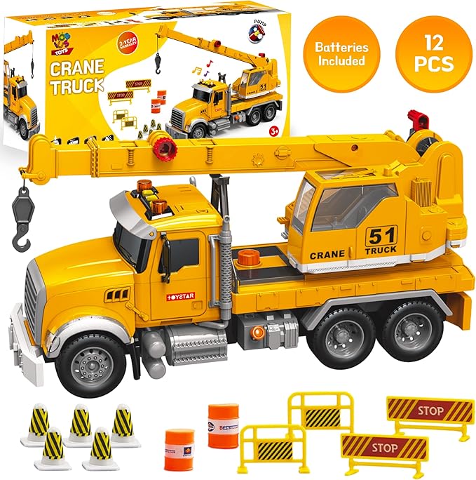 MOBIUS Toys Crane Truck Toy Set – Kids Construction Crane w/Extending Arm, Rotation, Props & Buttons + Sounds & Lights – Toy for Boys Age 4-7, Girls 3 Years Old+