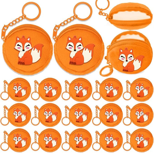 15 Pack Fox Mini Coin Purses with Keyring for Woodland Animals Forest Wild One Camp Themed Goodie Bag Stuffer, Present for Friends, Creative Souvenirs, Kids Birthday Party,Orange