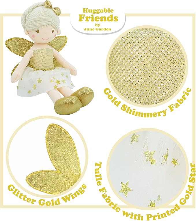June Garden 12" Enchanted Garden Fairy Doll Joyce - Plush Stuffed Soft Doll Girl Gift - Gold Outfit and Wings