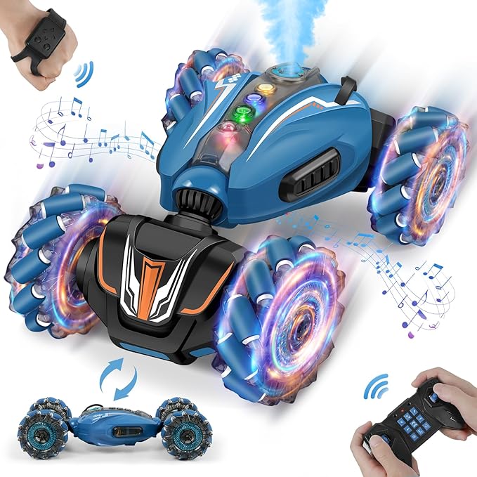 Remote Control Car, 4WD Gesture Sensing RC Stunt Car for Kids with Light & Music, 2.4Ghz 360°Rotation RC Toy with Spray, Hand R/C Speedcar for Boys Girls Age 6 7 8 9 10 Year Old Blue