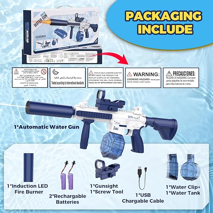 Electric Water Gun,Watergun with Muzzle Light,Automatic Squirt Gun Long Range Blaster Up to 32 FT,Outdoor Party Shooting Game Toy with 2 Water Tanks & 2 Batteries,Ideal Summer Gift for Kids & Youths.
