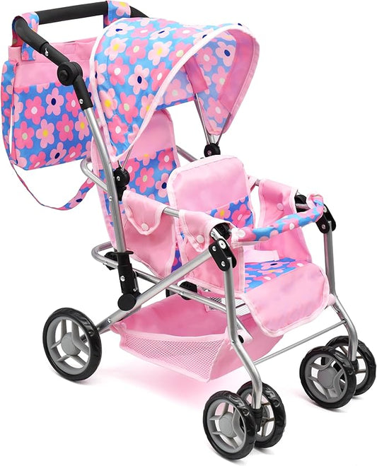 Baby Doll Double Stroller, Twin Buggy Carriage Pretend Play for Girls Kids Toddlers 27 Inches High Rotating Wheels Storage Basket Diaper Bag Blue