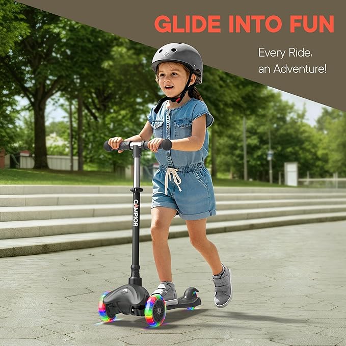 Black Mini 3 Wheel Scooter for Kids – Lean-to-Steer with LED Light-Up Wheels, Adjustable Handlebar, Wide Anti-Slip Deck, Smooth PU Wheels, Rear Foot Brake – Toddler Scooter for Ages 2+
